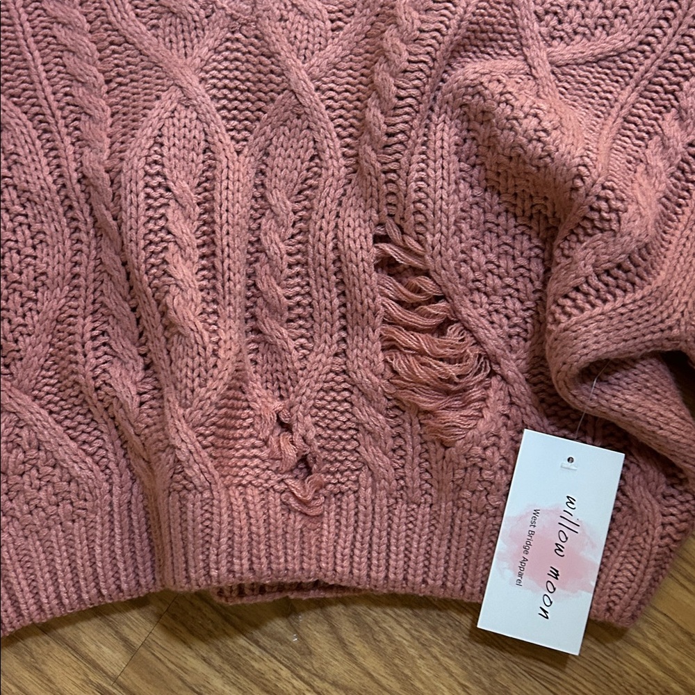 Willow Dusty Rose Cable Knit V-Neck Sweater - Picture 3 of 7